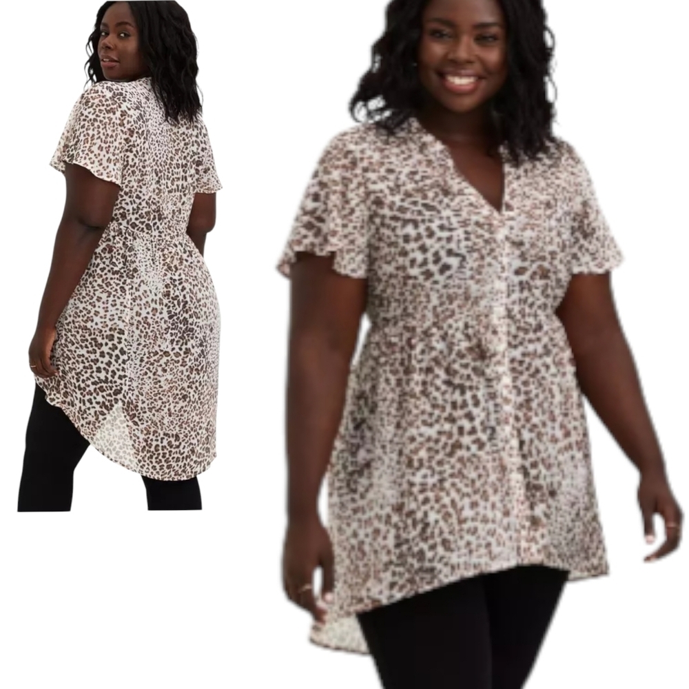 Torrid Lexie Baby Doll Chiffon Ivory Leopard Print V-Neck Hi-Lo Blouse Size 2/2X